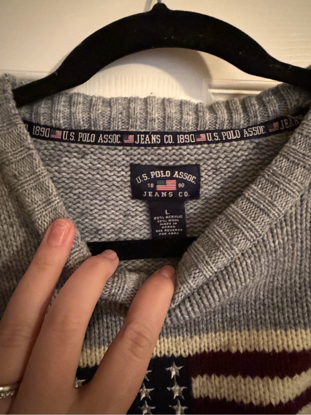 U.S. Polo Assn. Light Gray V-Neck Sweater with Navy and Cream Flag Stripe